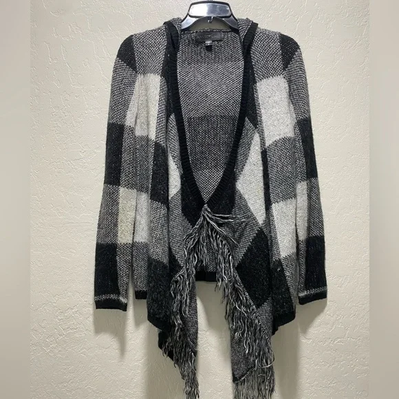 Black,gray and ivory sweater Plaid Fringe Open Front Cardigan back hood size s. - Picture 2 of 7